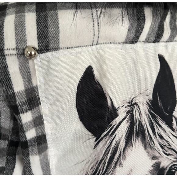 Upcycled Plaid Coat Faux Fur Collar Cuffs Horse Patch Midi Warm Winter Jacket M - Picture 7 of 8